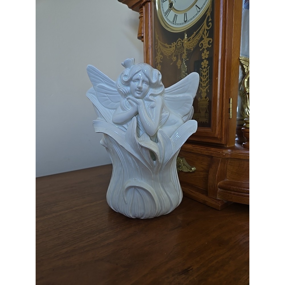 Fitz and Floyd Fairy Collection Vase Art Nouveau White Ceramic Mythical 8.5"